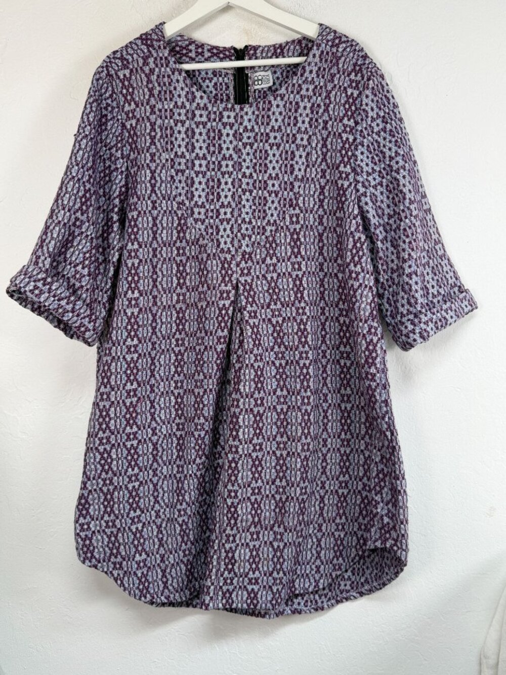 Bidi Bidi Purple Geometric Print Swing Dress Tunic Back Zip 3/4 Sleeve XL
